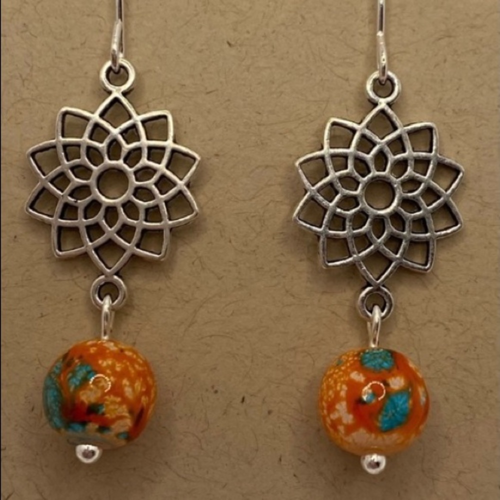 Silver Star Pendent with Orange and Blue Marble | Tri Color Earring Pair